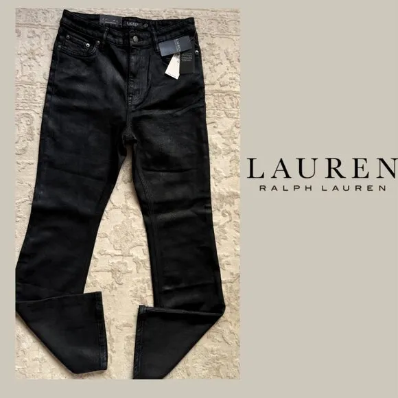 LAUREN RALPH LAUREN BLK Coated Denim Hi-Rise Full-Length-Boot Jeans 10 NWT $145
