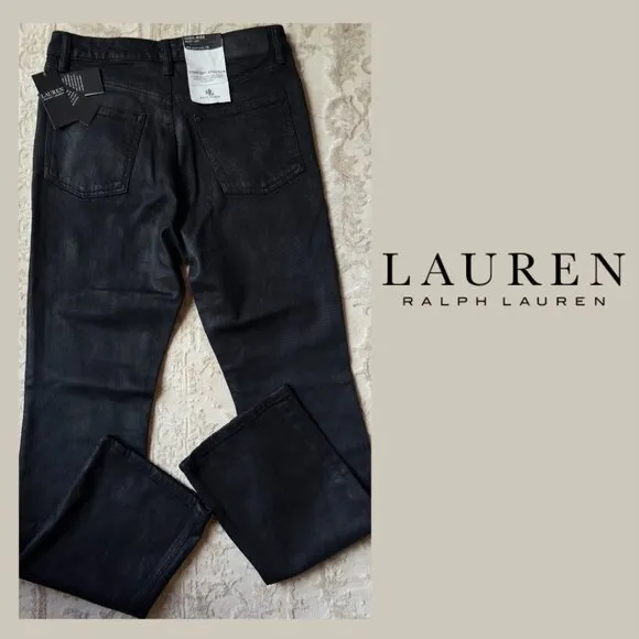 LAUREN RALPH LAUREN BLK Coated Denim Hi-Rise Full-Length-Boot Jeans 10 NWT $145