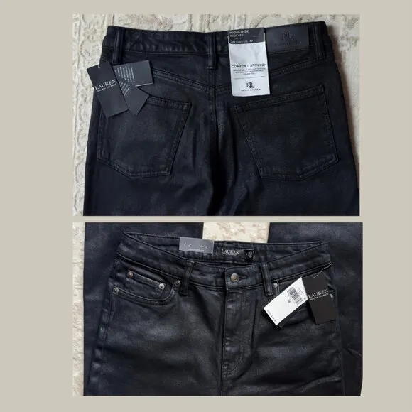 LAUREN RALPH LAUREN BLK Coated Denim Hi-Rise Full-Length-Boot Jeans 10 NWT $145