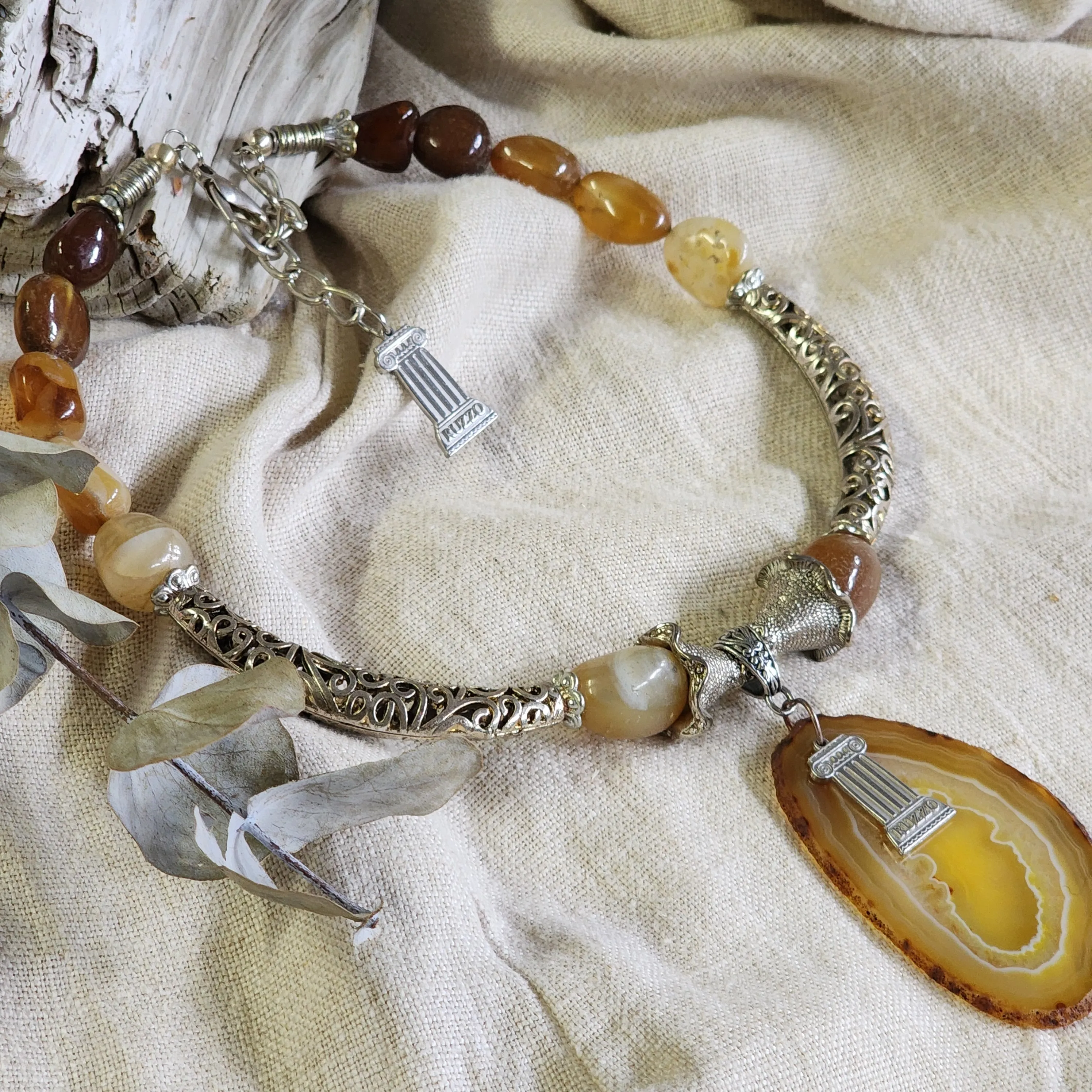 Layer Cake / Designer Jewelry Artisan Simple Necklace Vintage Silver Natural Agate Stone Boho Necklace Gift For Women