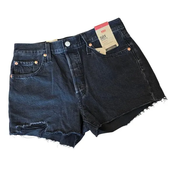 Levis Women's Denim 501 Short High Rise Fitted Raw Hem Black Size 28