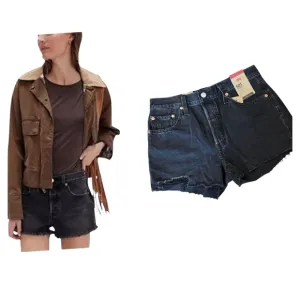 Levis Women's Denim 501 Short High Rise Fitted Raw Hem Black Size 28