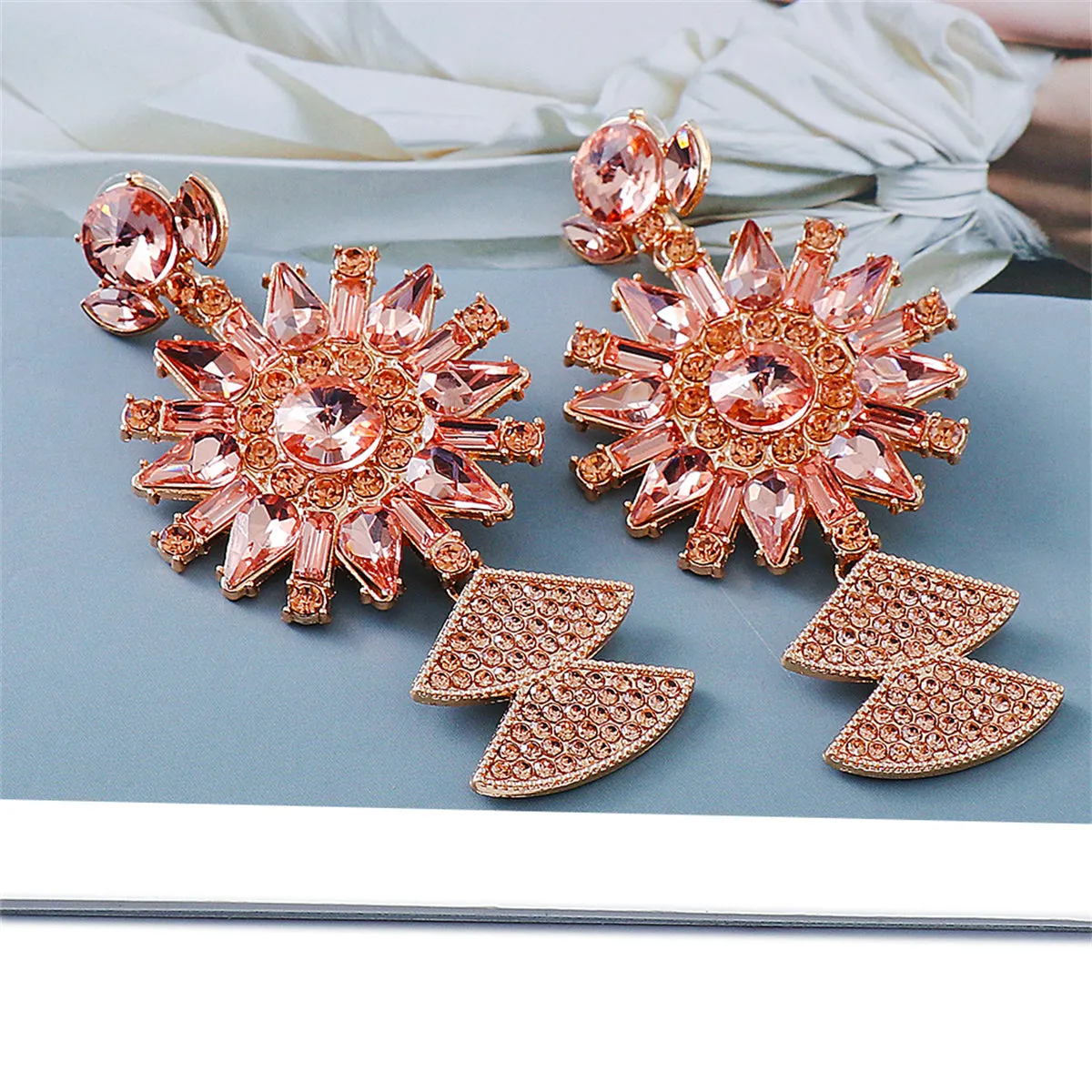 Light Pink Crystal & Cubic Zirconia 18K Gold-Plated Sunflower Drop Earrings