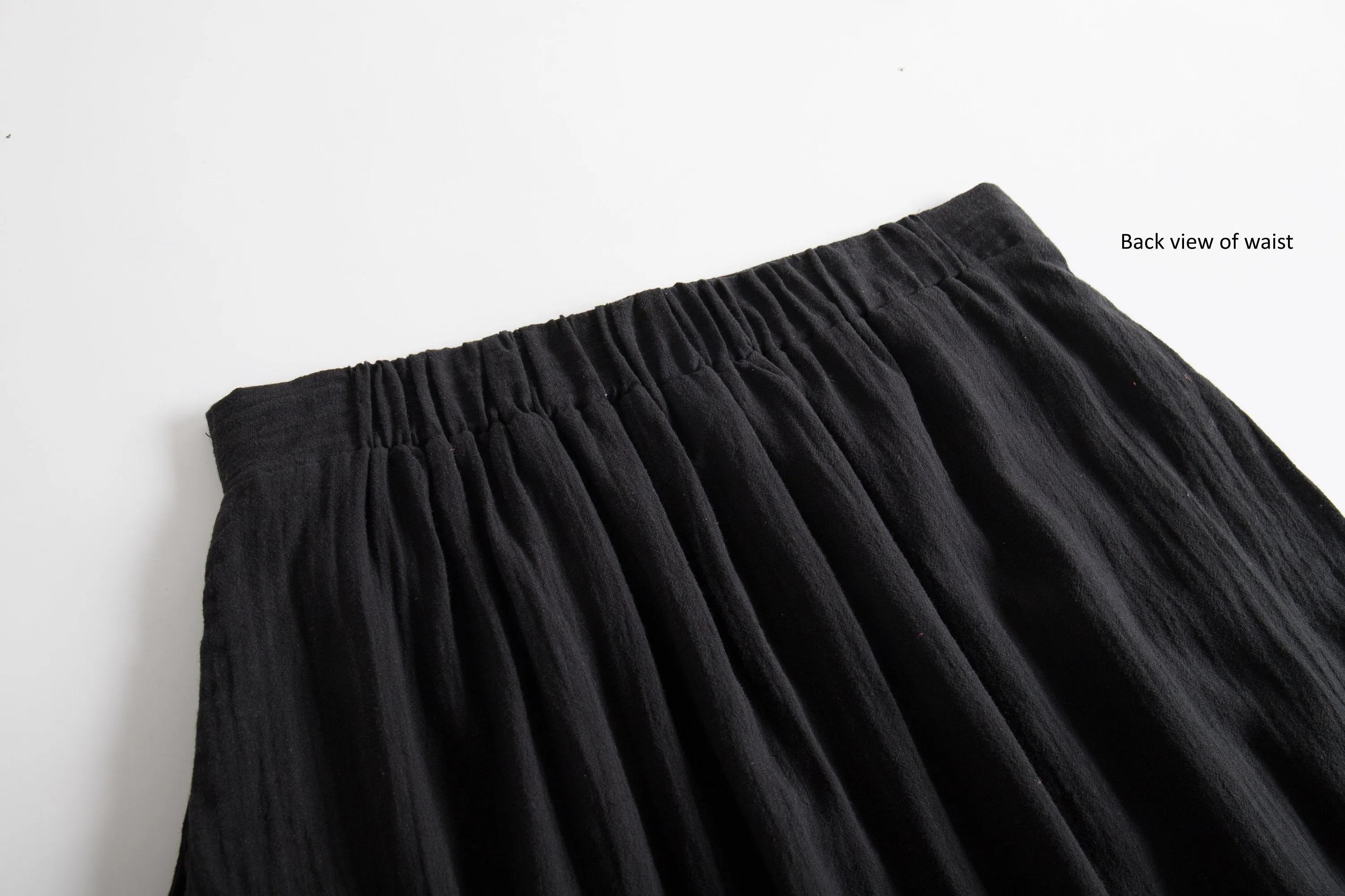 Linen Blend Midi Skirt, Minimalist Black Midi Skirt with Pockets, Half Elastic Waist A Line Midi Skirt