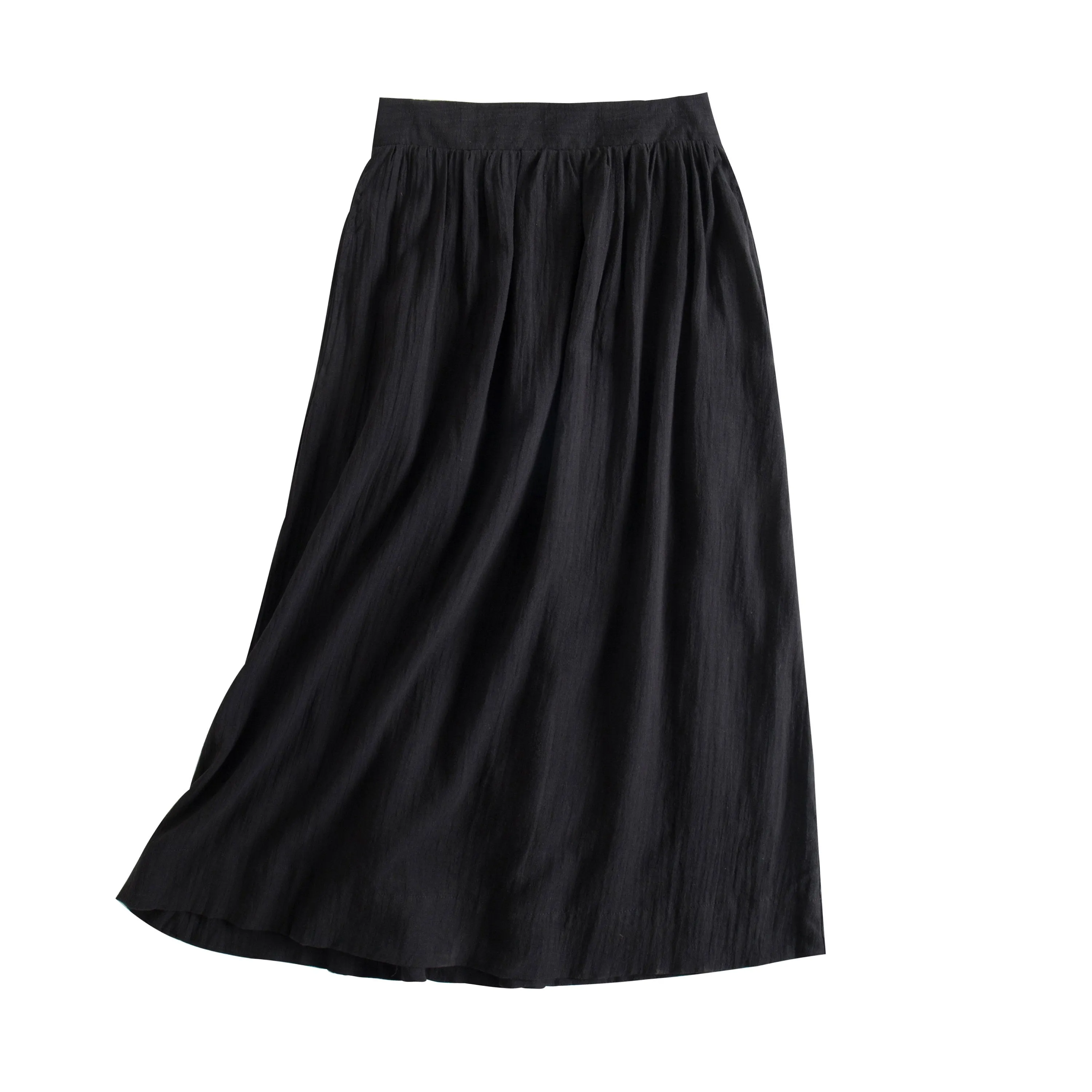 Linen Blend Midi Skirt, Minimalist Black Midi Skirt with Pockets, Half Elastic Waist A Line Midi Skirt