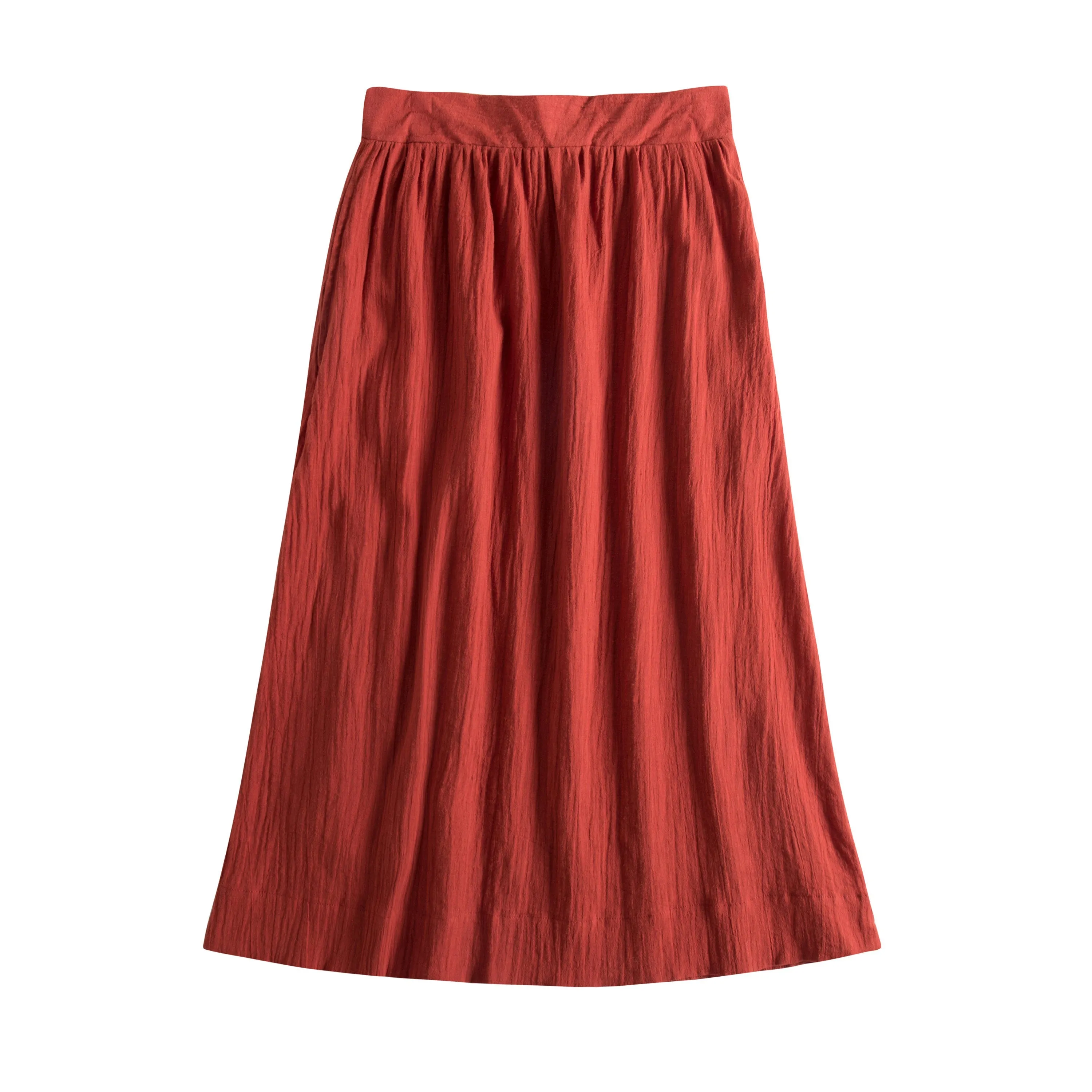 Linen Blend Midi Skirt, Minimalist Orange Midi Skirt with Pockets, Half Elastic Waist A Line Midi Skirt