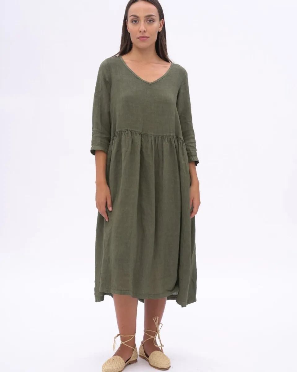 Linen V-neck Tiered Dress