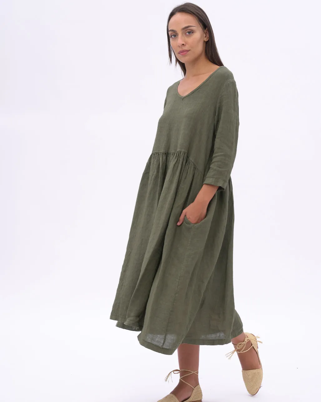 Linen V-neck Tiered Dress