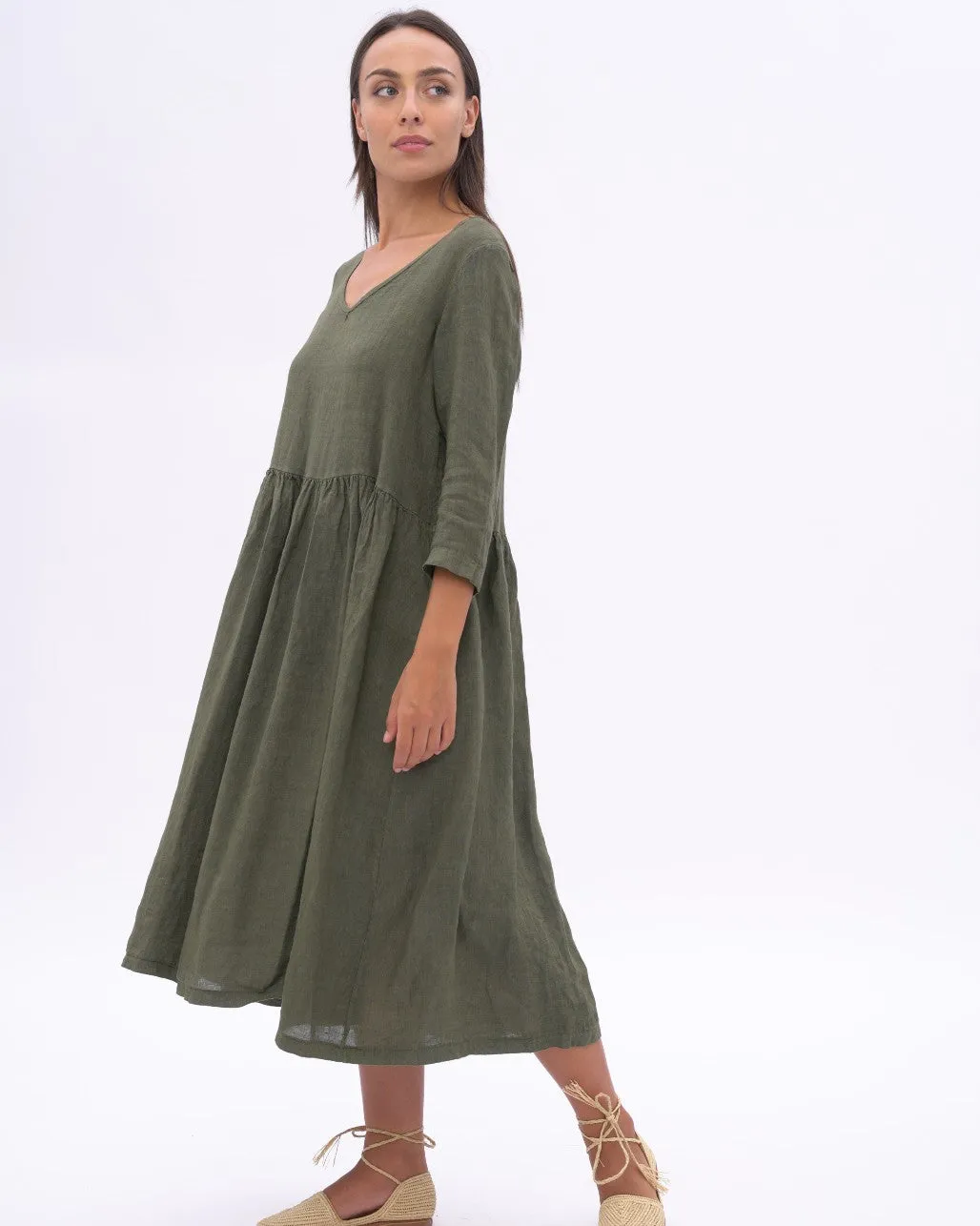 Linen V-neck Tiered Dress