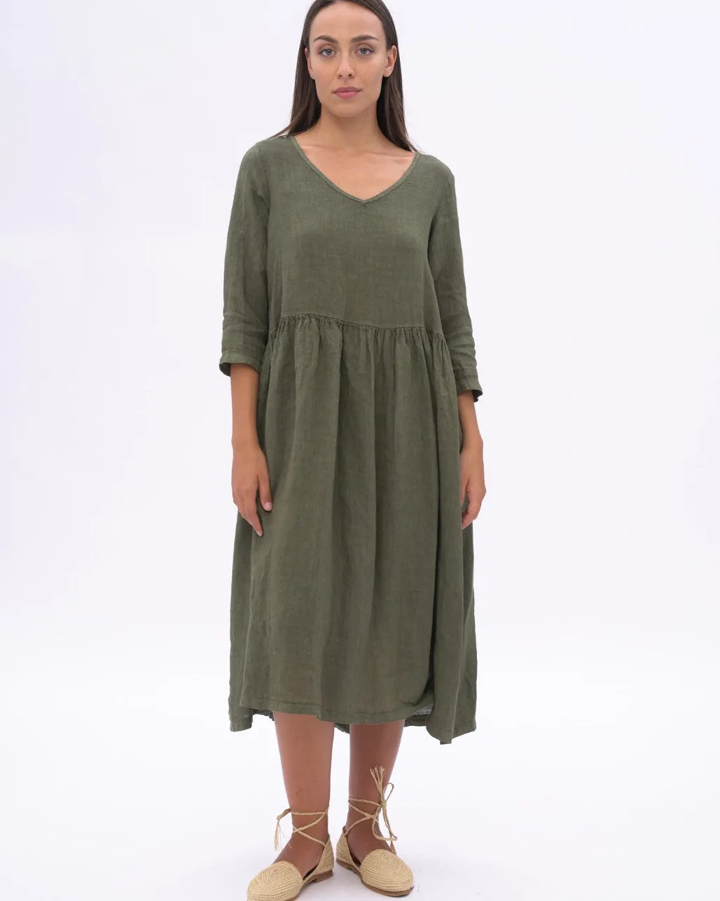 Linen V-neck Tiered Dress