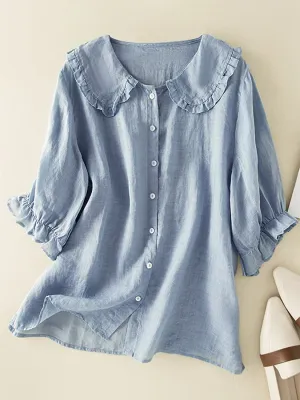 LinenLuxe™ | Women's Cotton Linen Ruffle Neck Shirt | Loose Fit, Peter Pan Collar, Breathable Fabric