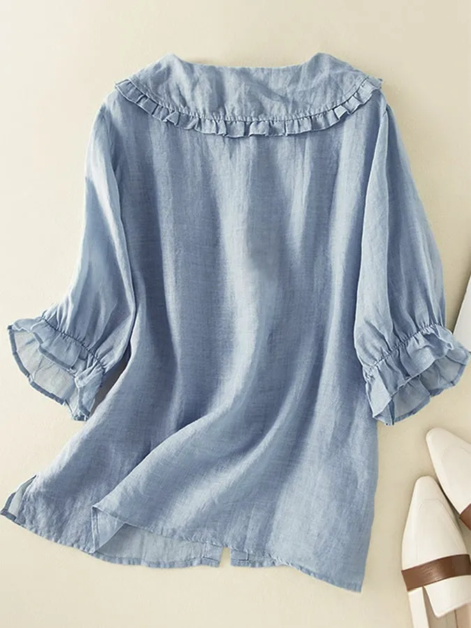 LinenLuxe™ | Women's Cotton Linen Ruffle Neck Shirt | Loose Fit, Peter Pan Collar, Breathable Fabric