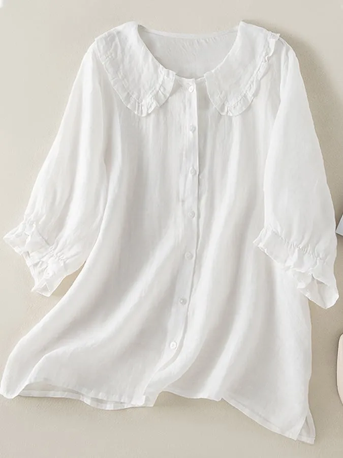 LinenLuxe™ | Women's Cotton Linen Ruffle Neck Shirt | Loose Fit, Peter Pan Collar, Breathable Fabric
