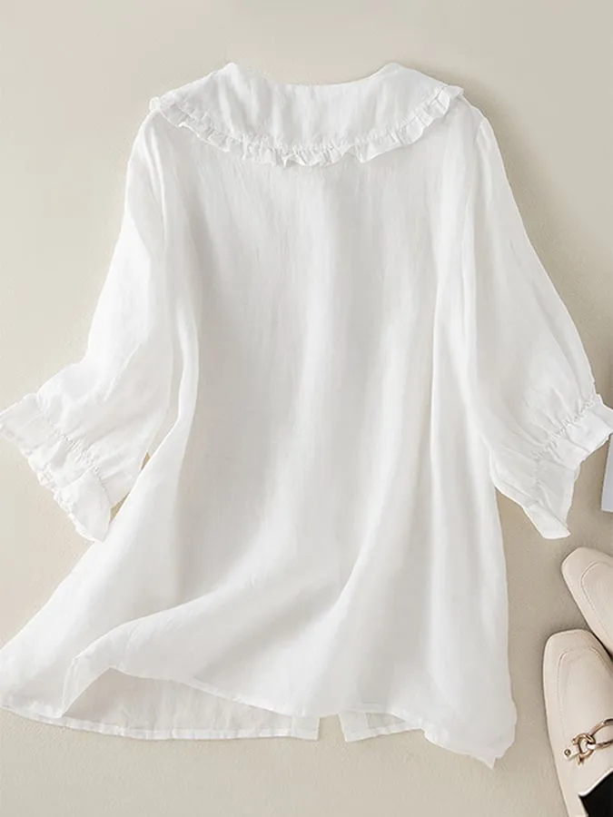 LinenLuxe™ | Women's Cotton Linen Ruffle Neck Shirt | Loose Fit, Peter Pan Collar, Breathable Fabric