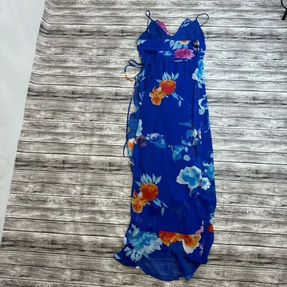 Lulu's Women's Ladean Vibrant Ruffle Floral Wrap Dress S SM Small Blue Orange