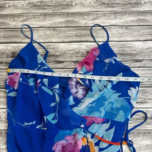 Lulu's Women's Ladean Vibrant Ruffle Floral Wrap Dress S SM Small Blue Orange