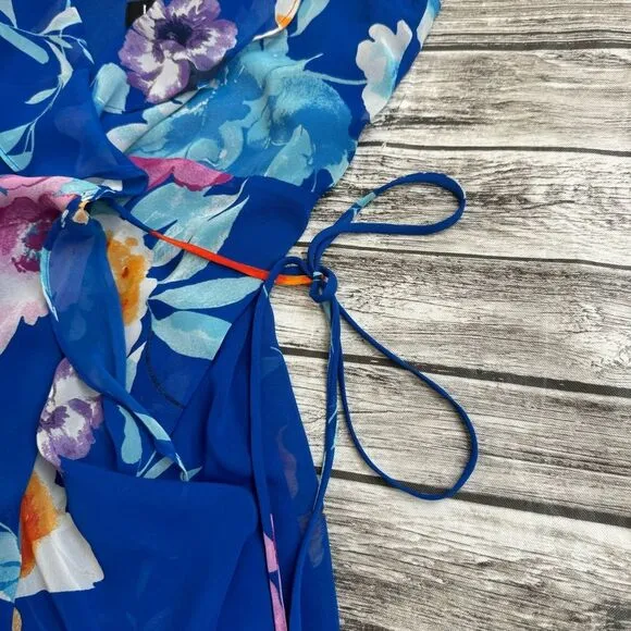 Lulu's Women's Ladean Vibrant Ruffle Floral Wrap Dress S SM Small Blue Orange