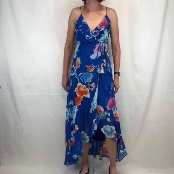 Lulu's Women's Ladean Vibrant Ruffle Floral Wrap Dress S SM Small Blue Orange