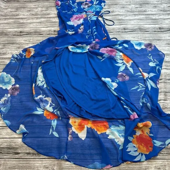Lulu's Women's Ladean Vibrant Ruffle Floral Wrap Dress S SM Small Blue Orange