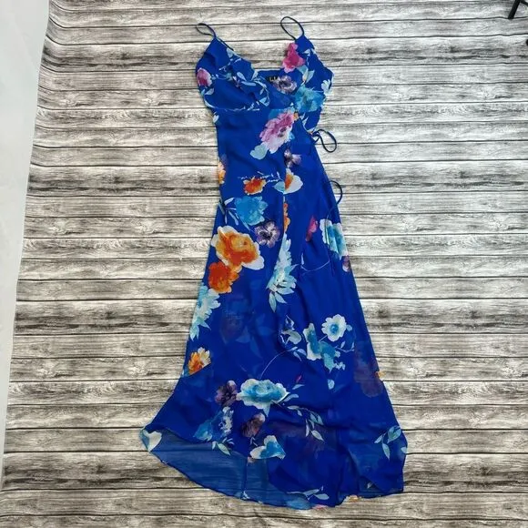 Lulu's Women's Ladean Vibrant Ruffle Floral Wrap Dress S SM Small Blue Orange