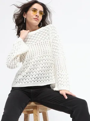 Madame Textured Crew Neck Off White Full Sleeve Sweater