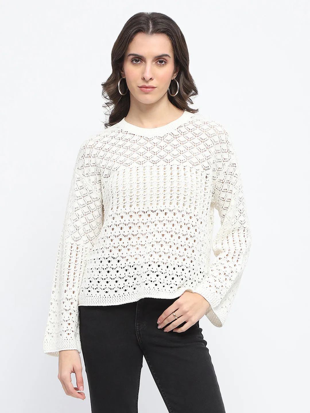Madame Textured Crew Neck Off White Full Sleeve Sweater
