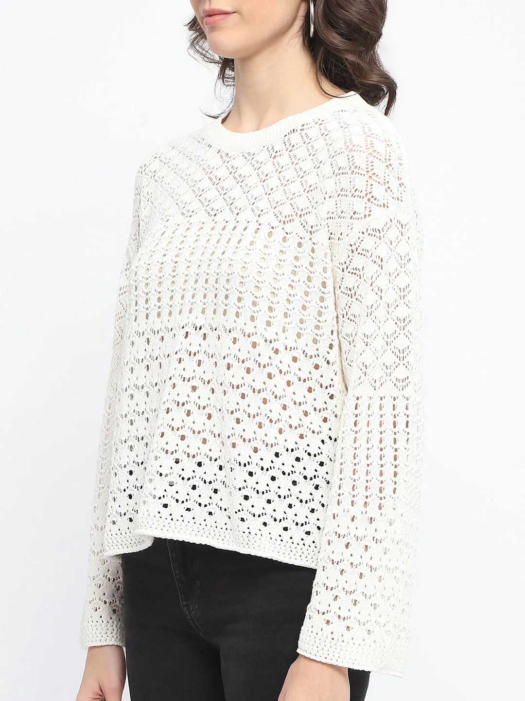 Madame Textured Crew Neck Off White Full Sleeve Sweater