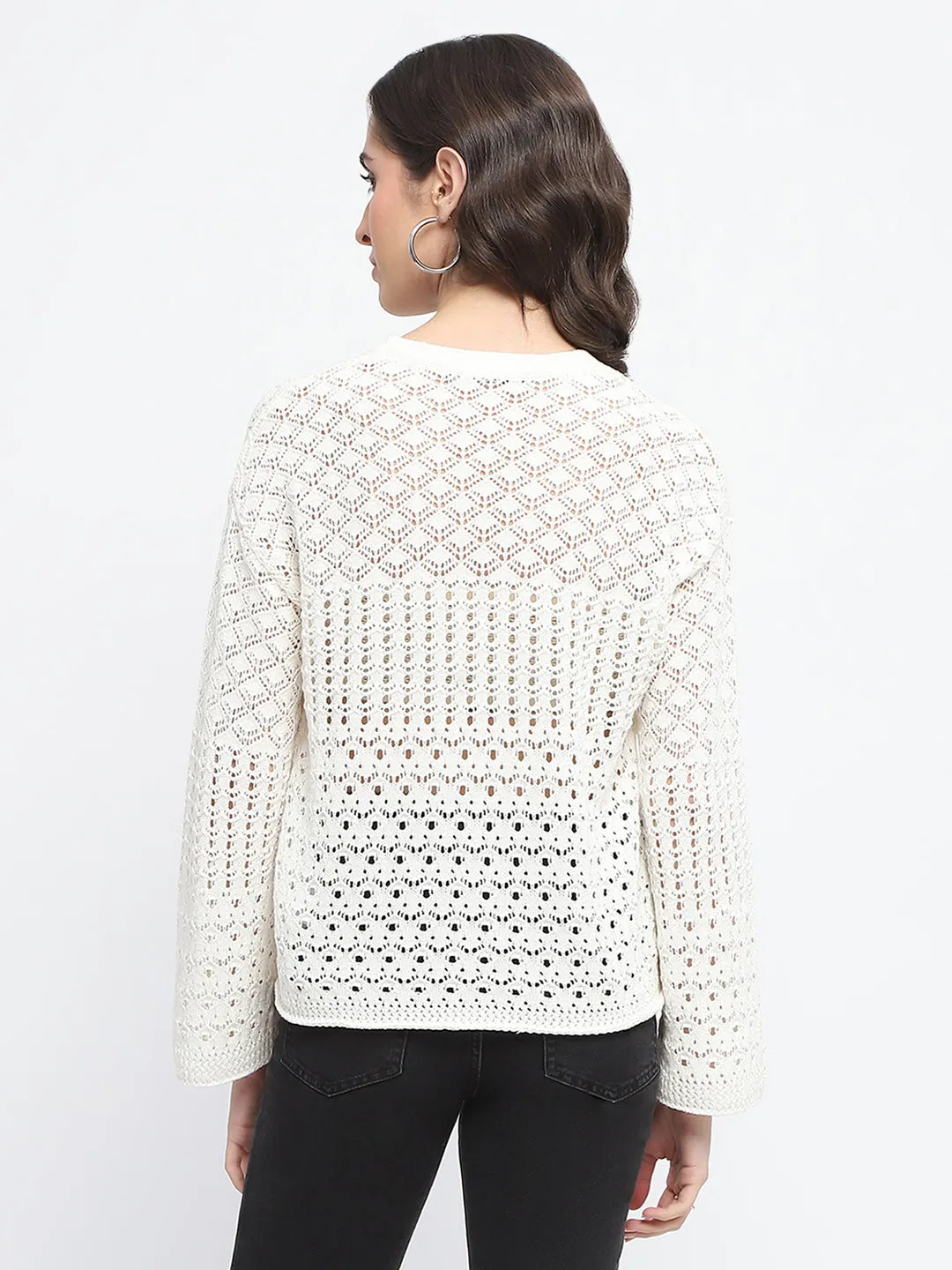 Madame Textured Crew Neck Off White Full Sleeve Sweater