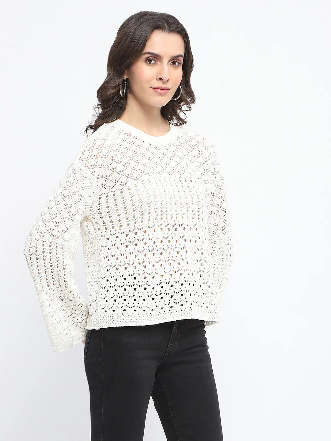 Madame Textured Crew Neck Off White Full Sleeve Sweater