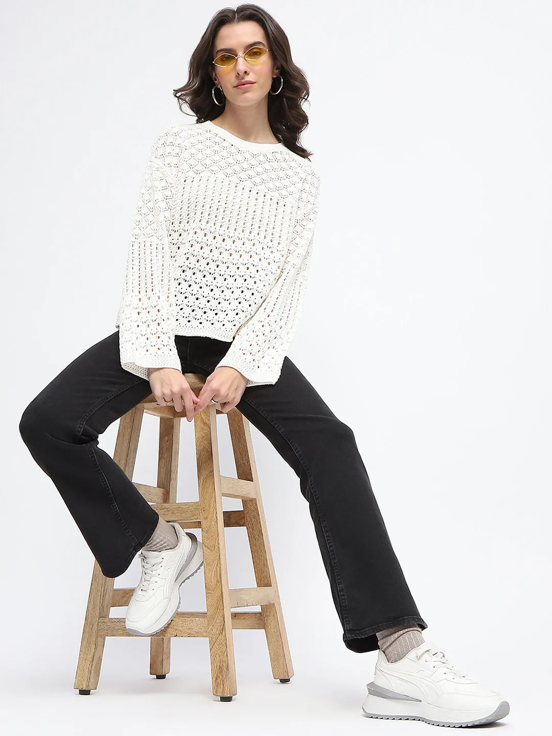 Madame Textured Crew Neck Off White Full Sleeve Sweater