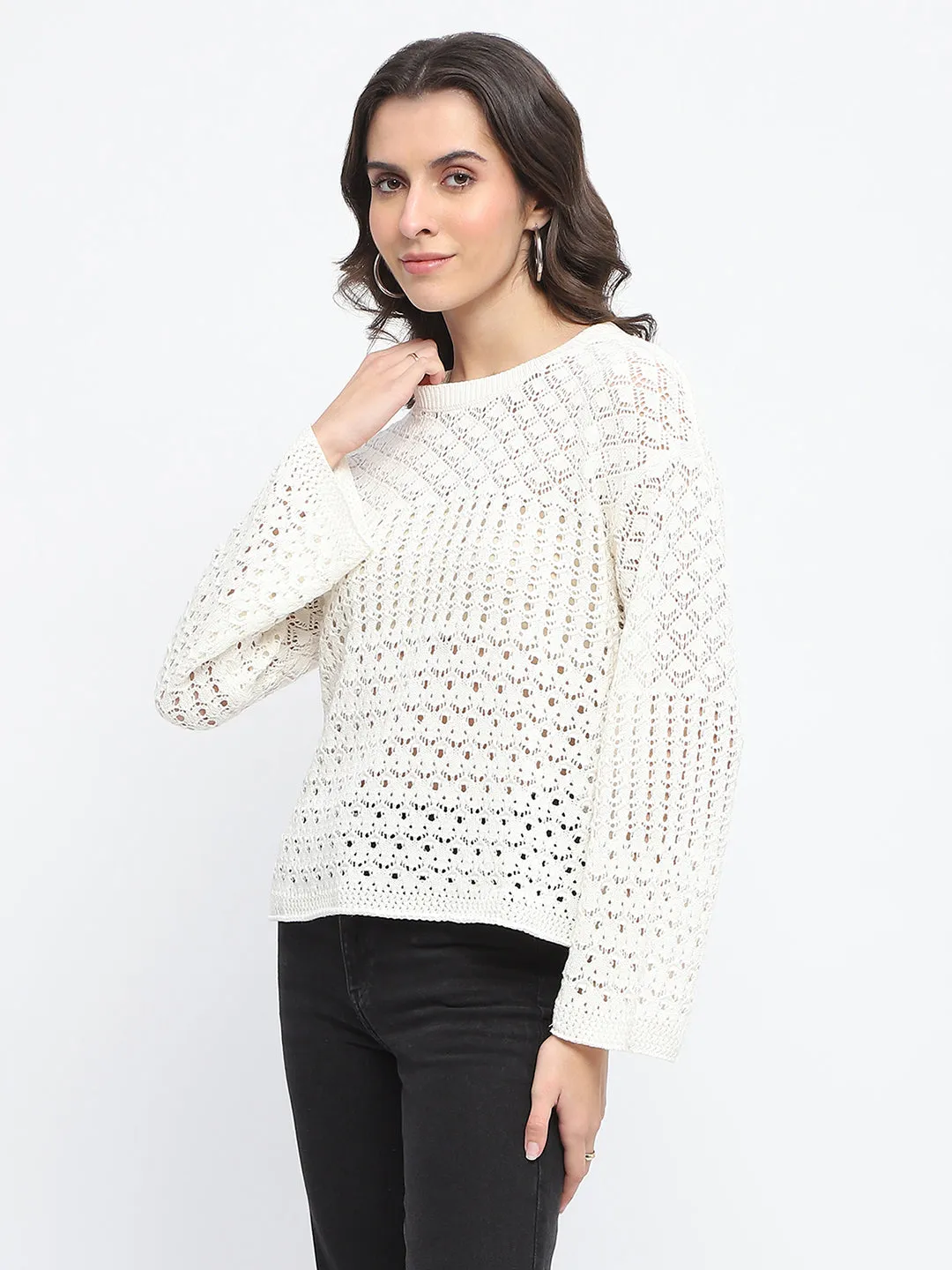 Madame Textured Crew Neck Off White Full Sleeve Sweater