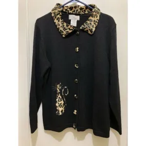 Mandal Bay Womens Cardigan Sweater XL‎ Black Brown Leopard Animal Print Vintage