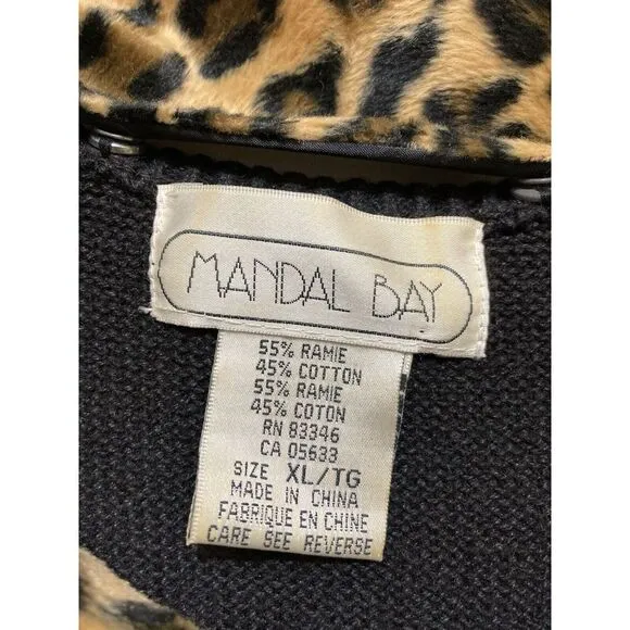 Mandal Bay Womens Cardigan Sweater XL‎ Black Brown Leopard Animal Print Vintage