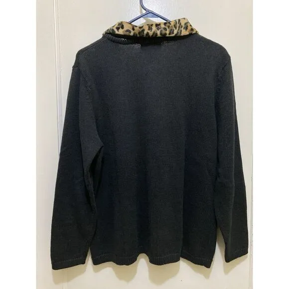 Mandal Bay Womens Cardigan Sweater XL‎ Black Brown Leopard Animal Print Vintage