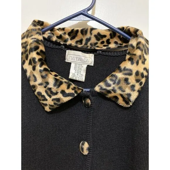 Mandal Bay Womens Cardigan Sweater XL‎ Black Brown Leopard Animal Print Vintage