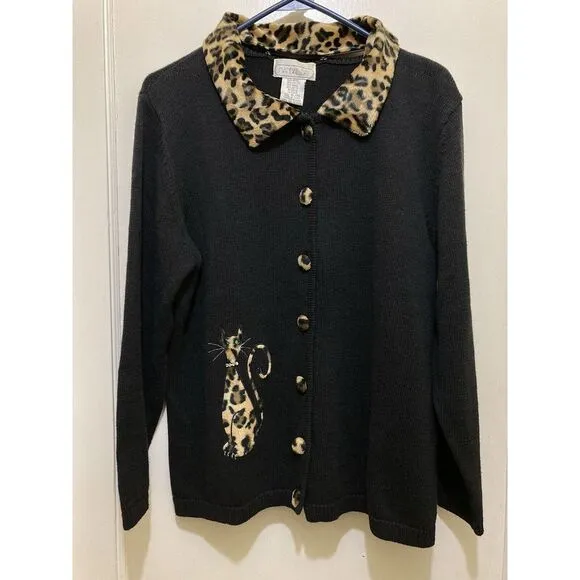Mandal Bay Womens Cardigan Sweater XL‎ Black Brown Leopard Animal Print Vintage