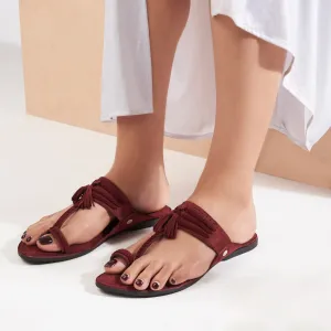 Maroon Braided Suede Kolhapuri Sandals For Women