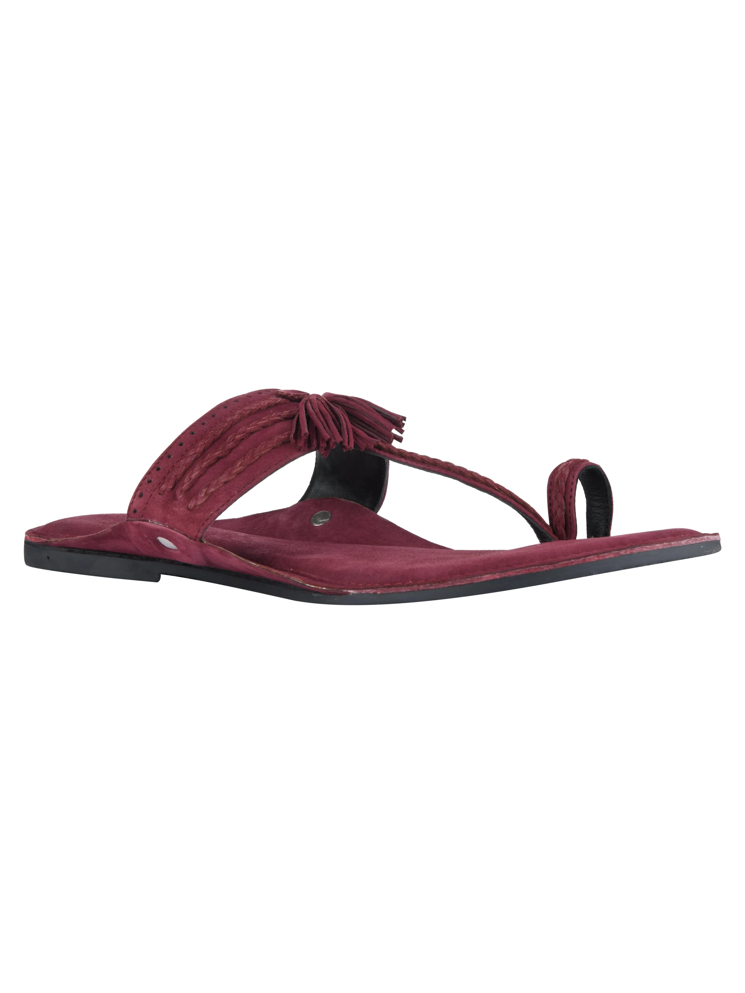 Maroon Braided Suede Kolhapuri Sandals For Women