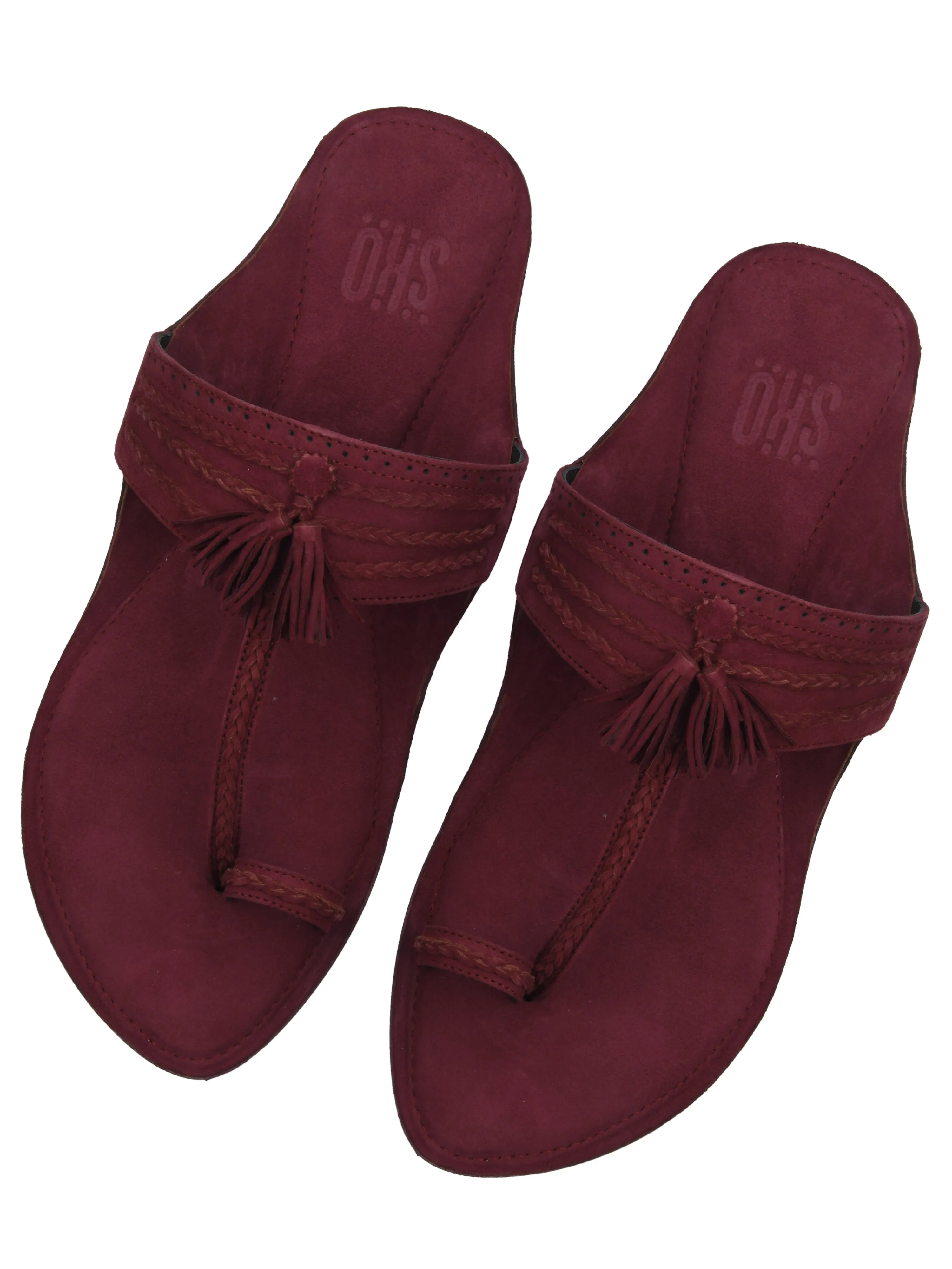 Maroon Braided Suede Kolhapuri Sandals For Women