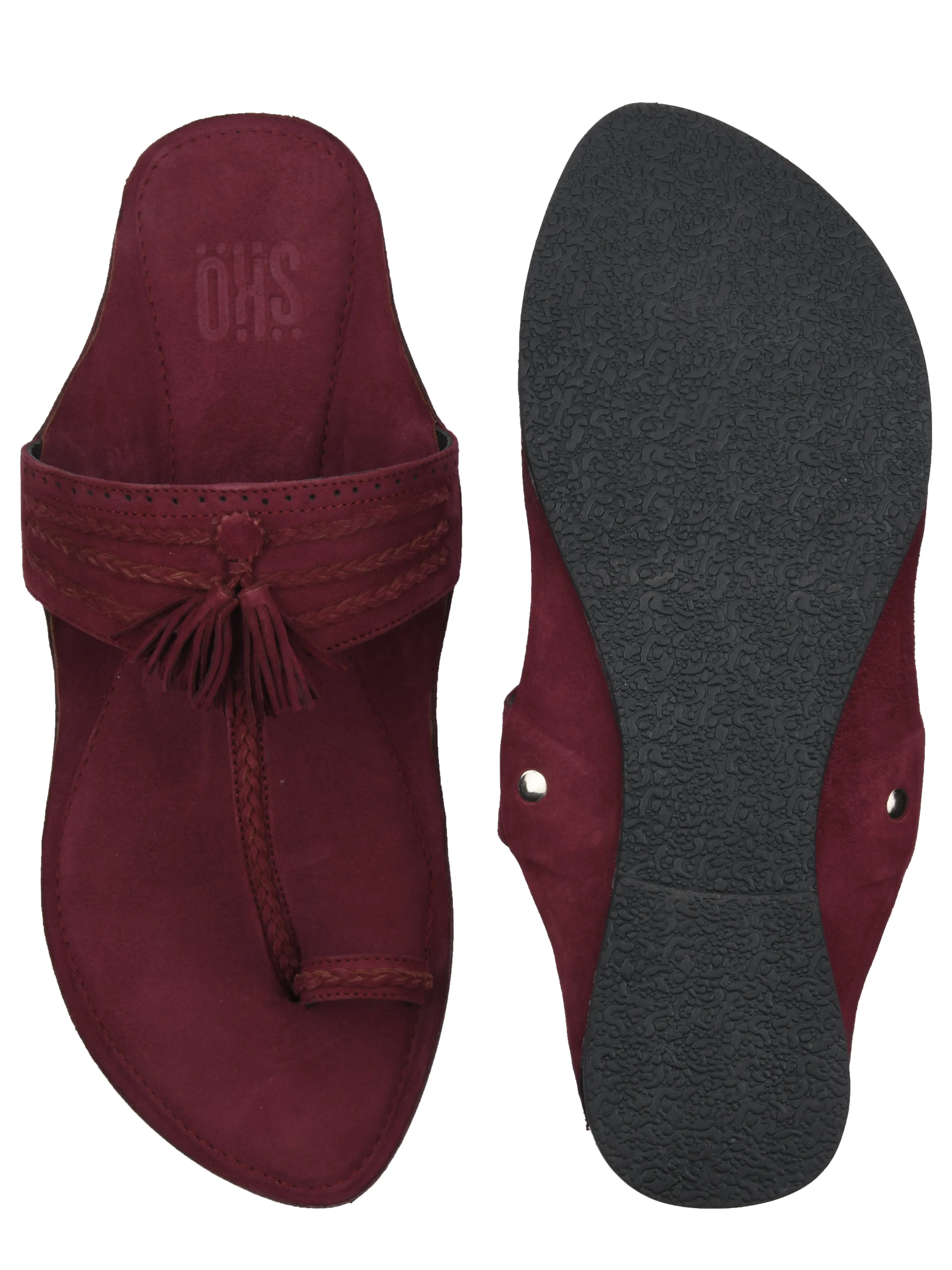 Maroon Braided Suede Kolhapuri Sandals For Women