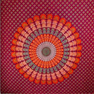 Maroon Peacock Dance Mandala Tapestry