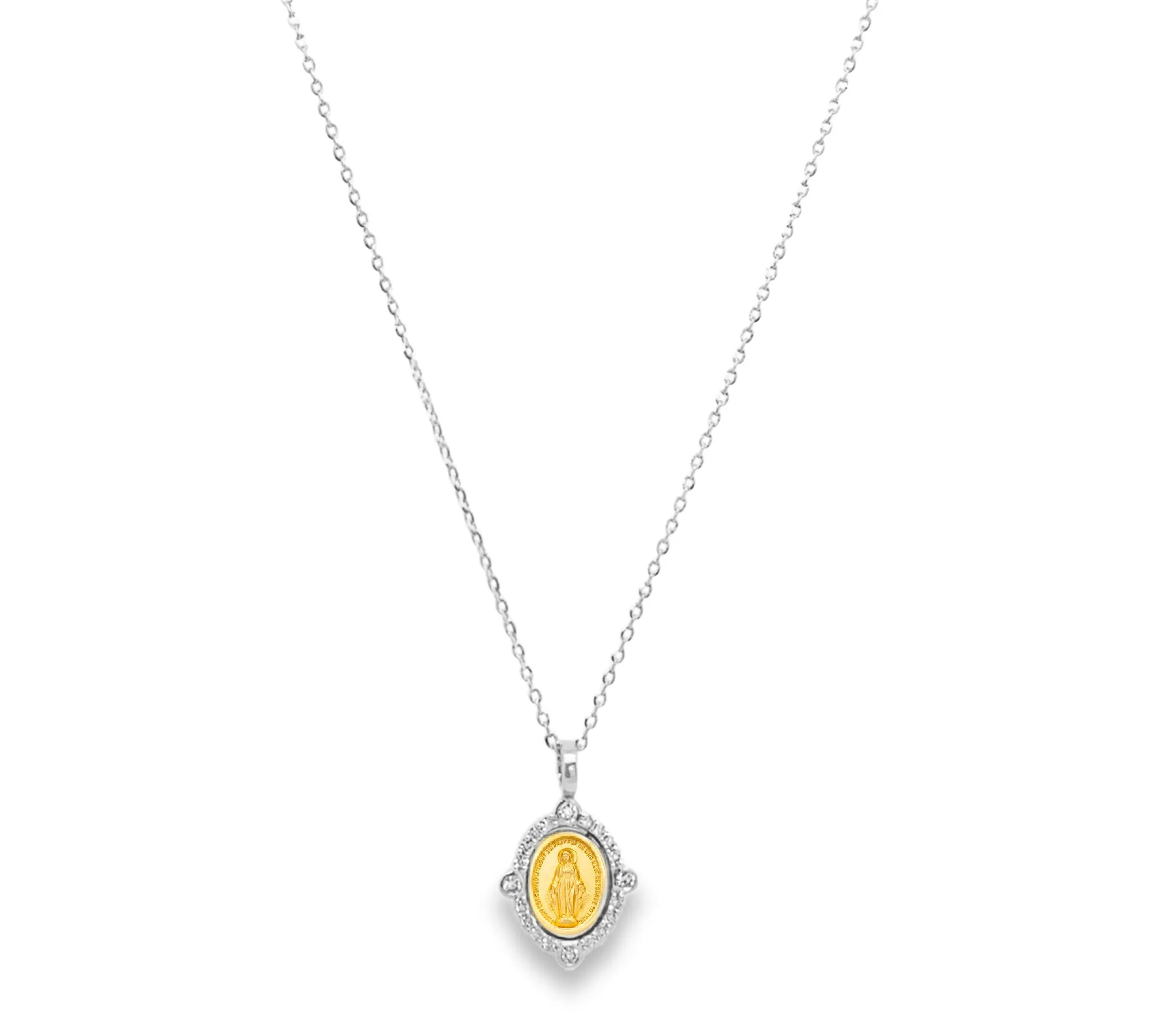 Miniature Diamond Compass Rose Miraculous Medal Necklace