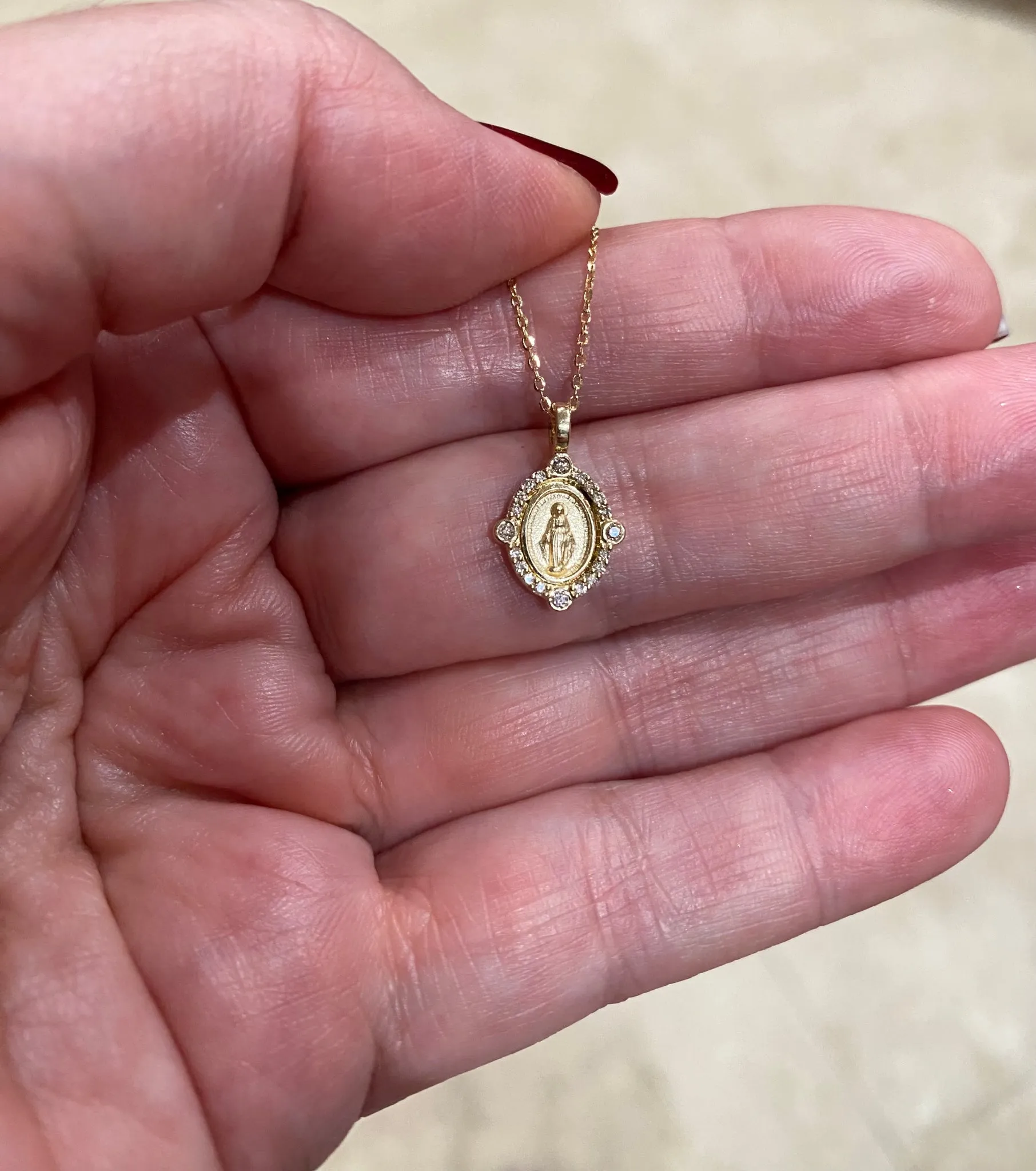 Miniature Diamond Compass Rose Miraculous Medal Necklace