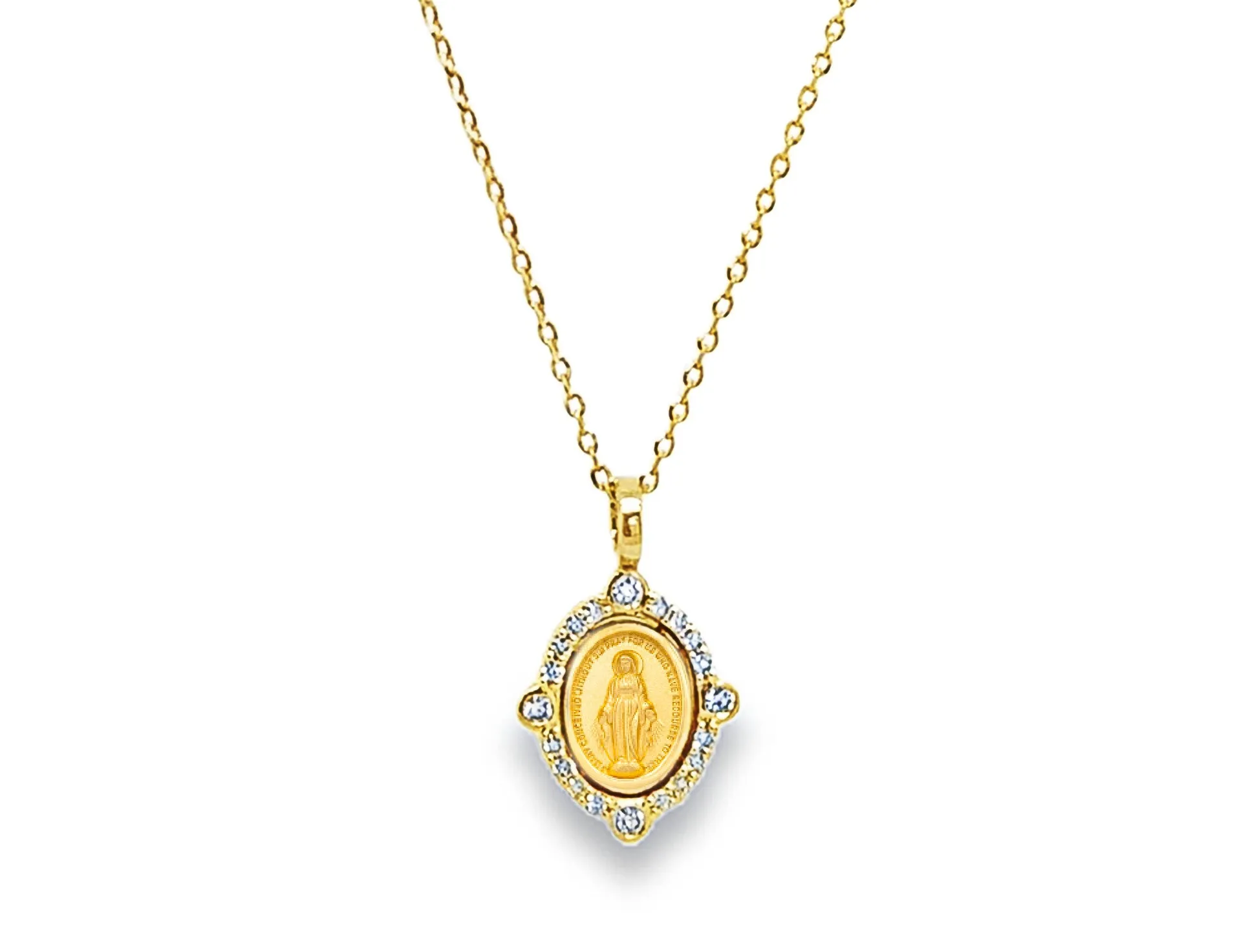 Miniature Diamond Compass Rose Miraculous Medal Necklace