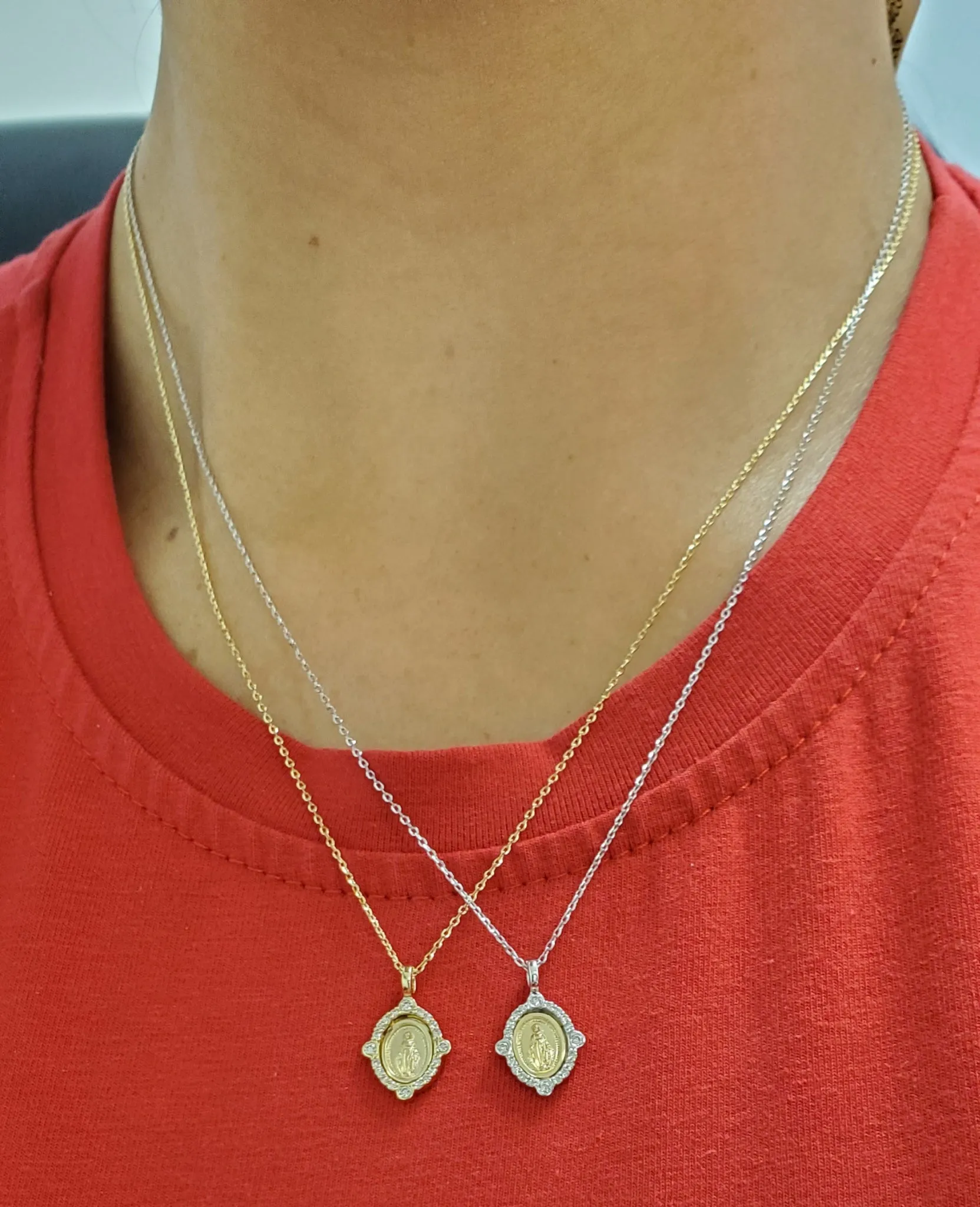 Miniature Diamond Compass Rose Miraculous Medal Necklace