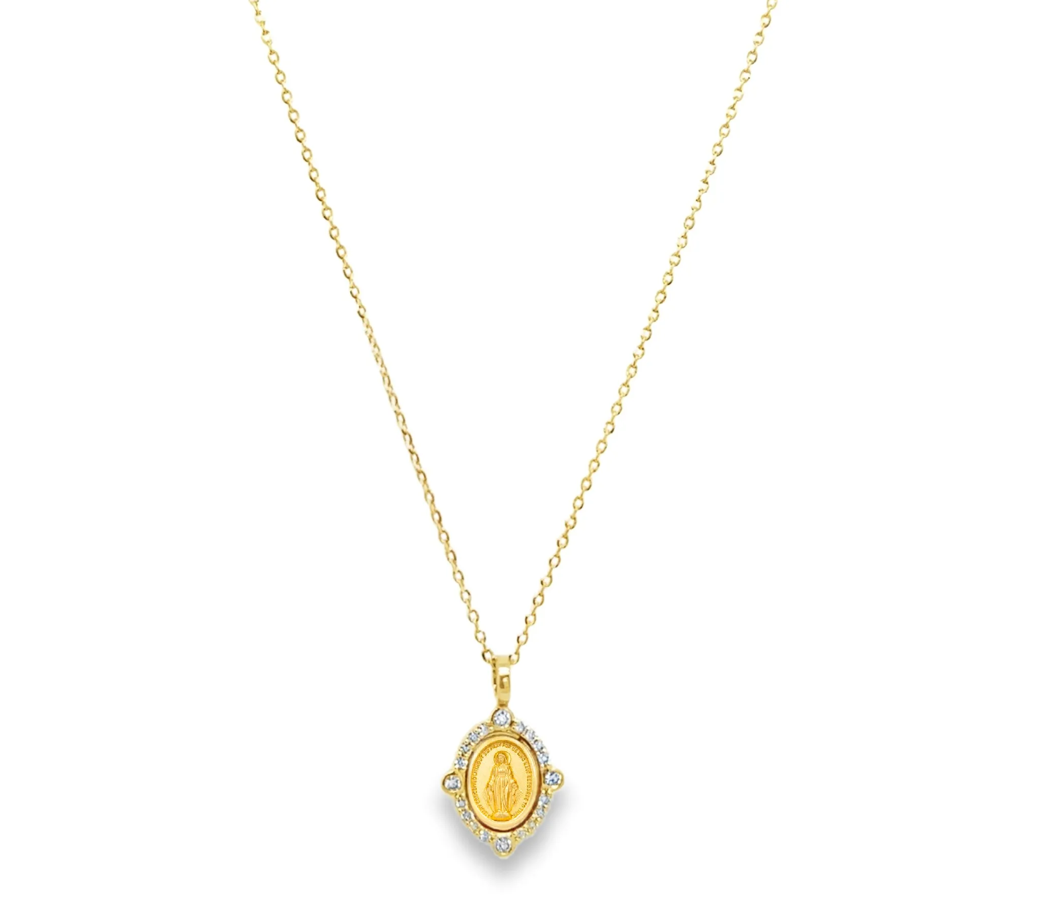 Miniature Diamond Compass Rose Miraculous Medal Necklace