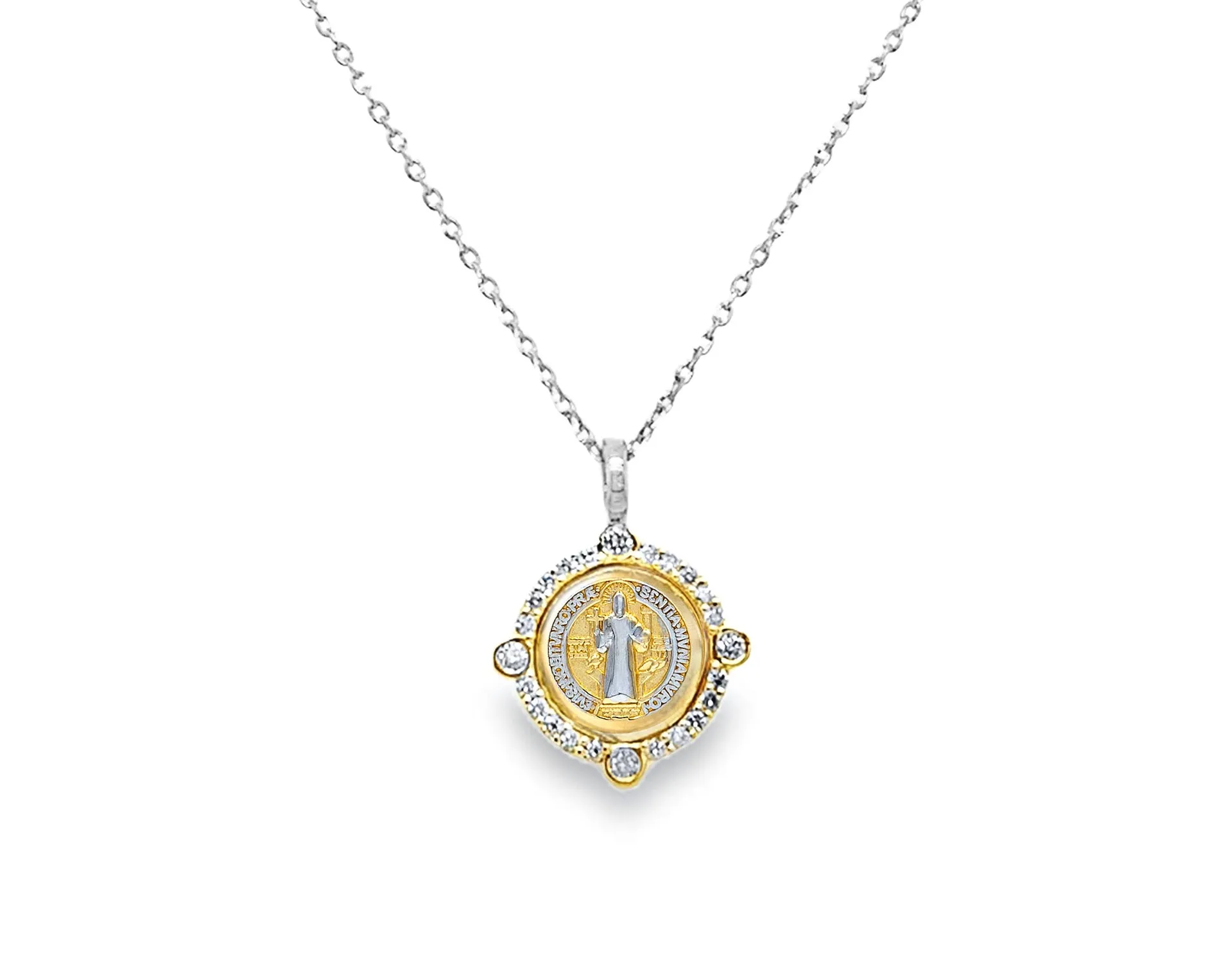 Miniature Diamond Saint Benedict Medal Necklace