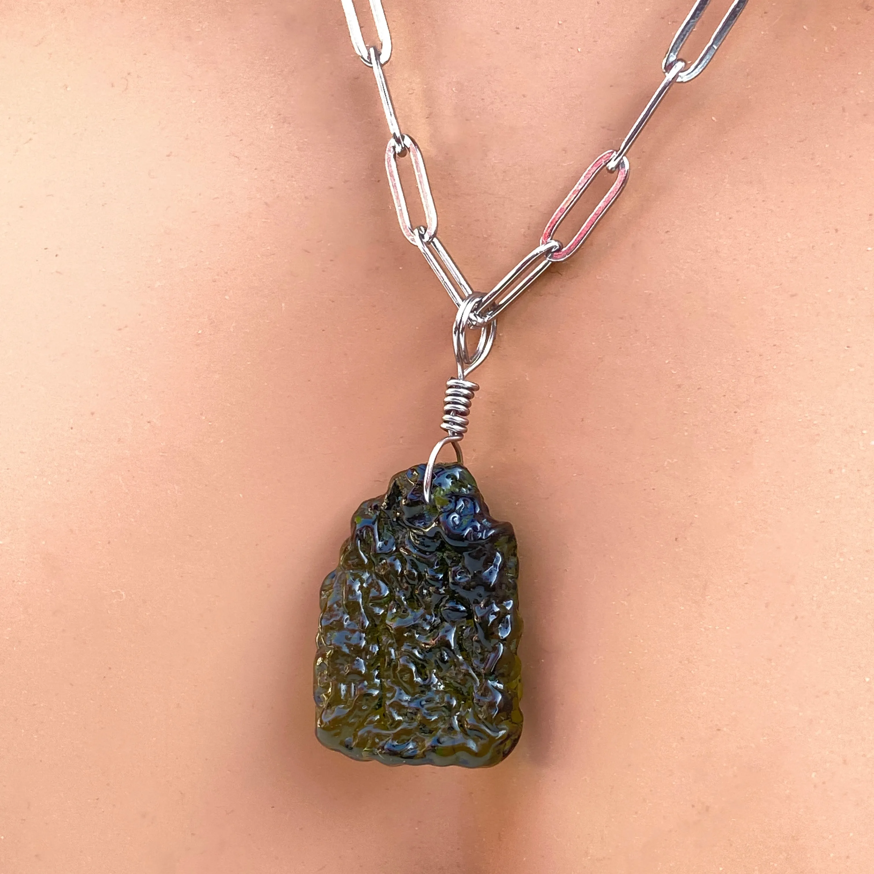 Moldavite Pendant on stainless steel chain necklace.
