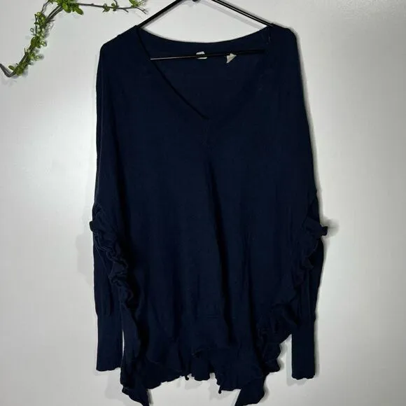 Moth Women's Navy Blue V Neck Ruffled Details Flare Hem Sweater Size Large