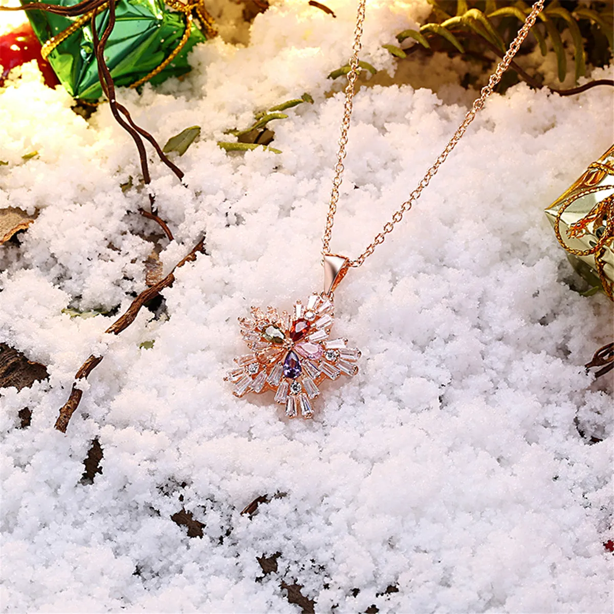 Multi-Color Crystal Snowflake Pendant Necklace